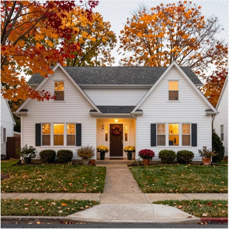 White Cape Cod–style home with dark shutters and a fall wreath, surrounded by autumn foliage in North Jersey