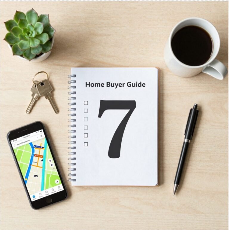 Home buyer guide notebook with a large number 7, house keys, a phone showing a map, and coffee on a desk