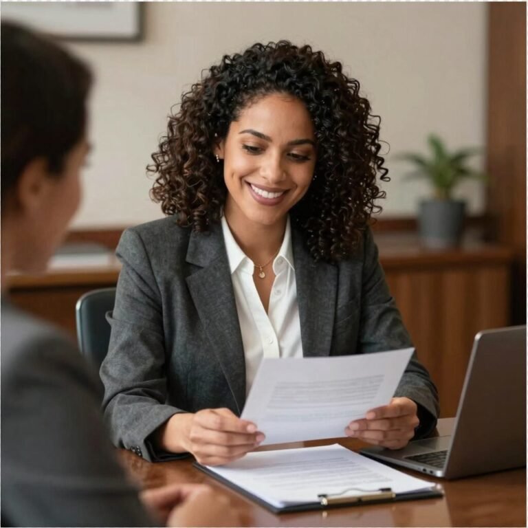 Smiling professional reviewing offer paperwork across a desk during an NJ home purchase